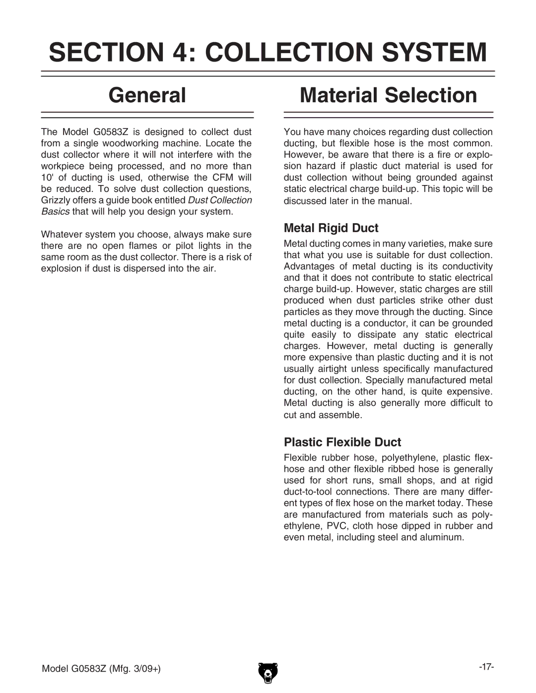 Grizzly G0583Z owner manual Collection System, General, Material Selection 