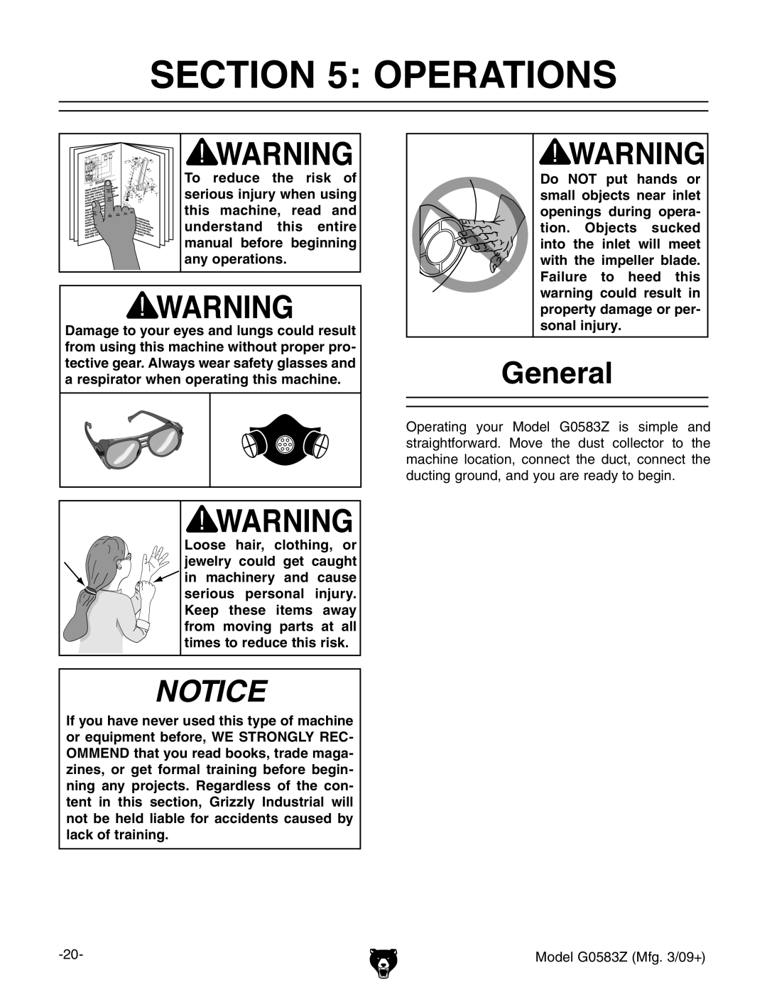 Grizzly G0583Z owner manual Operations, General 