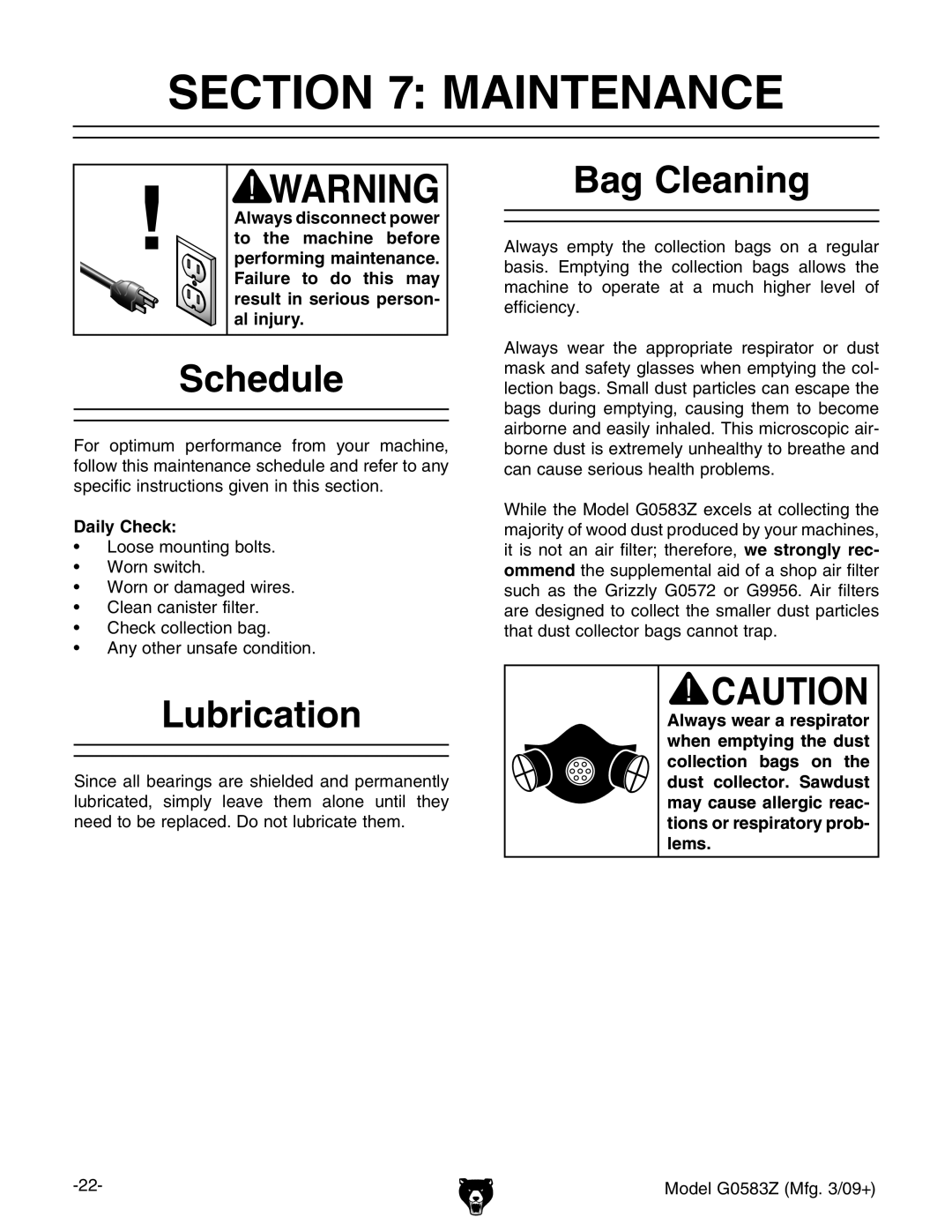 Grizzly G0583Z owner manual Maintenance, Schedule, Lubrication, Bag Cleaning, Daily Check 