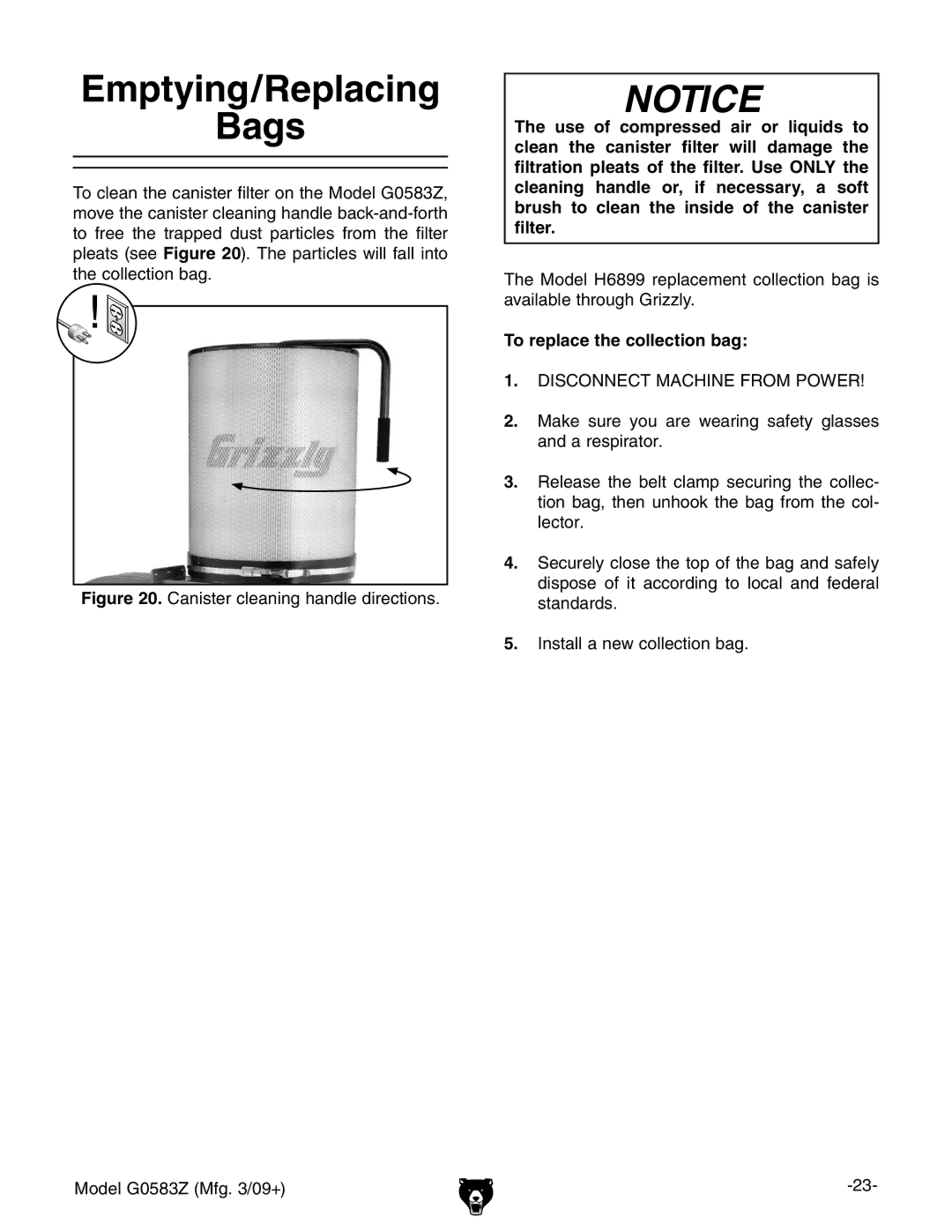 Grizzly G0583Z owner manual Emptying/Replacing Bags, To replace the collection bag 