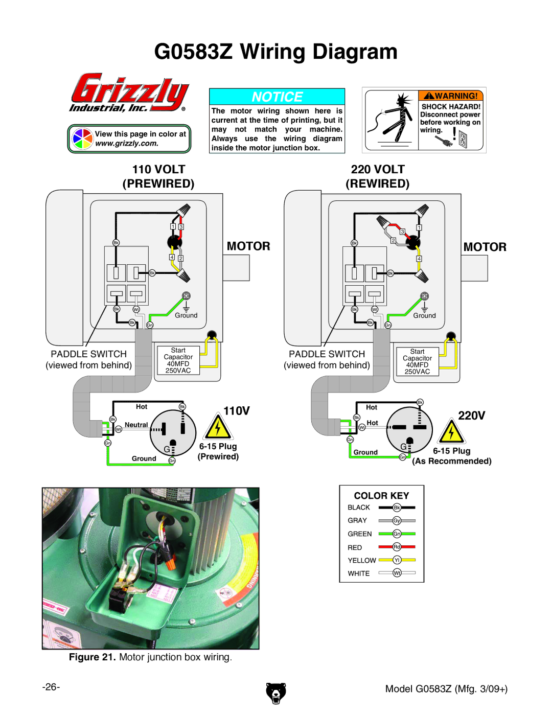 Grizzly owner manual G0583Z Wiring Diagram, Motor junction box wiring Model G0583Z Mfg /09+ 