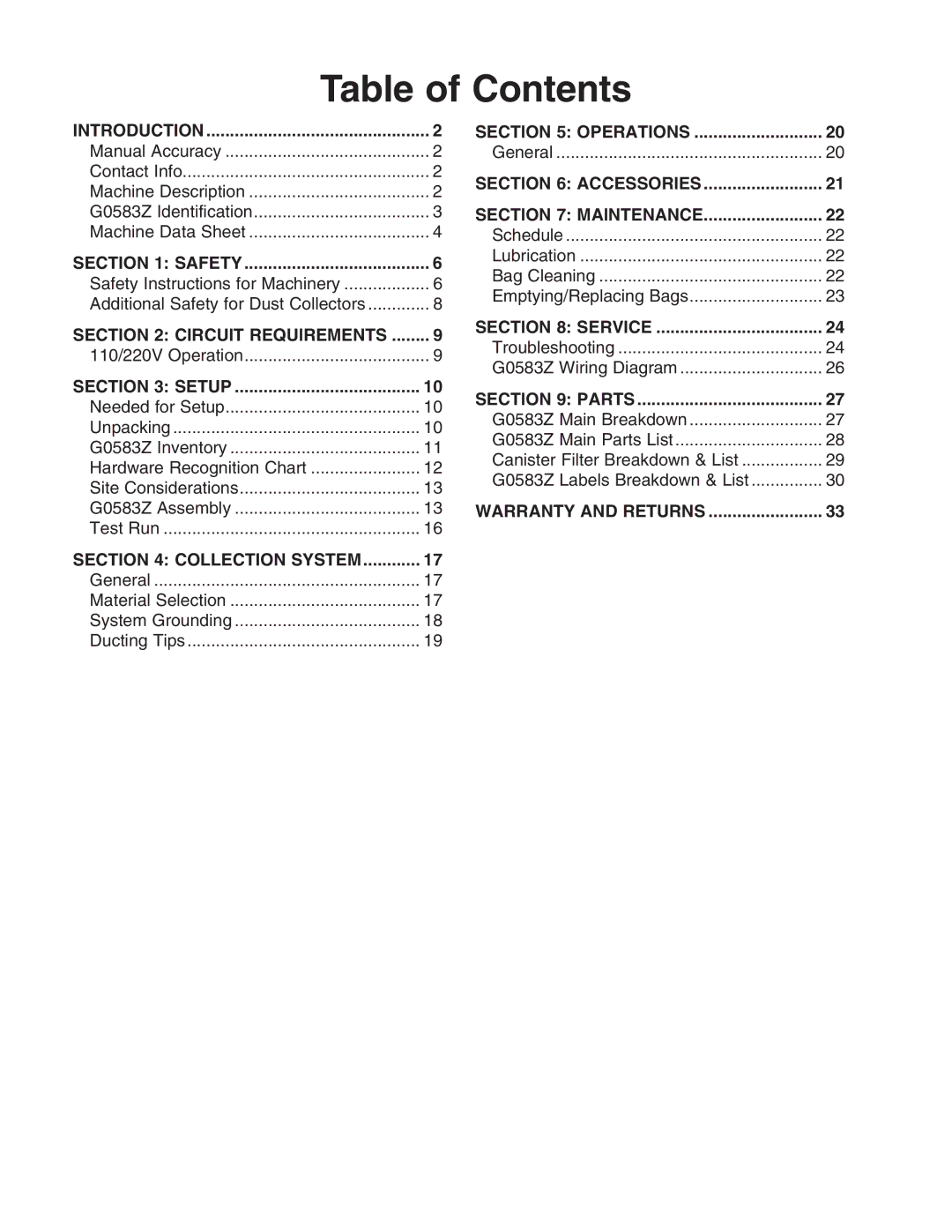 Grizzly G0583Z owner manual Table of Contents 