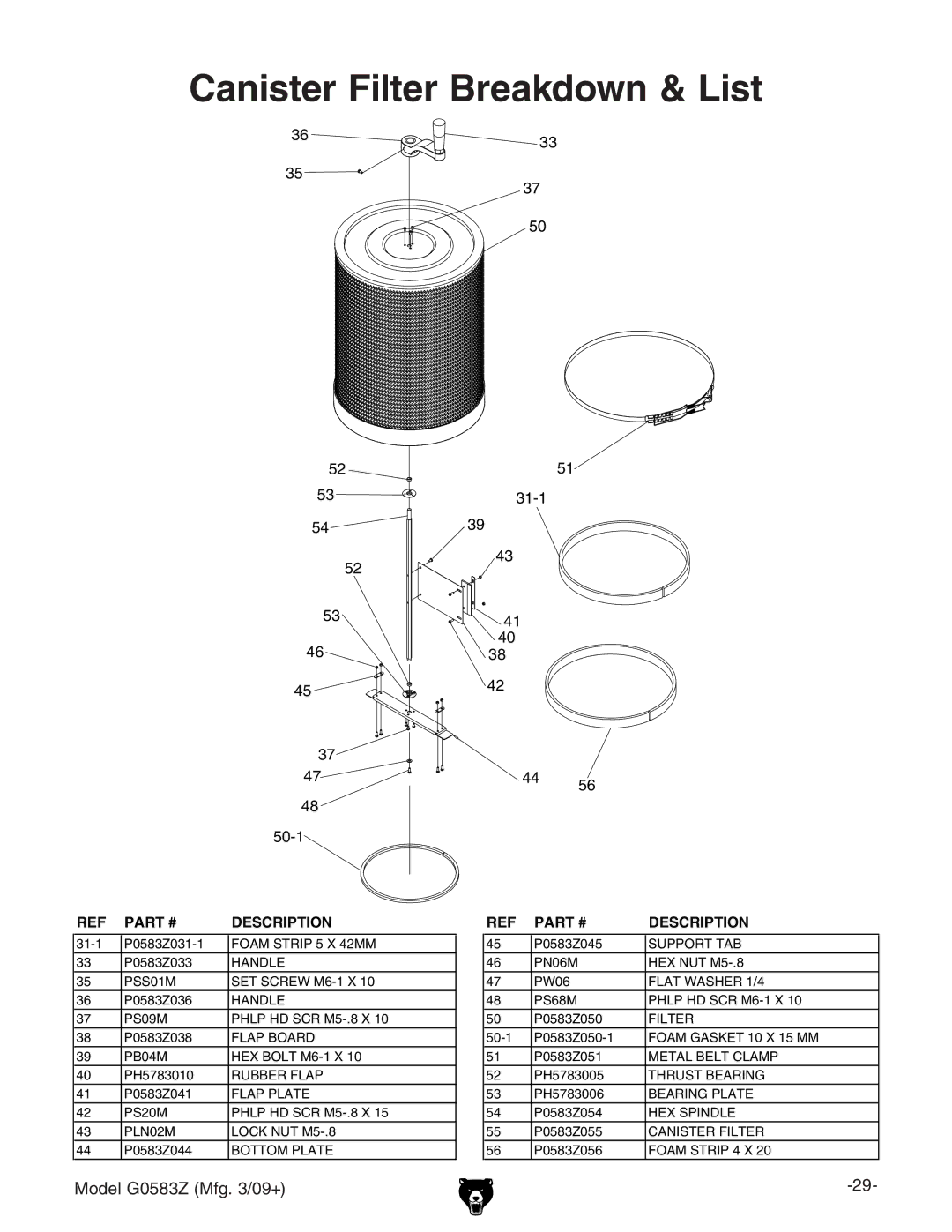 Grizzly G0583Z owner manual Canister Filter Breakdown & List 