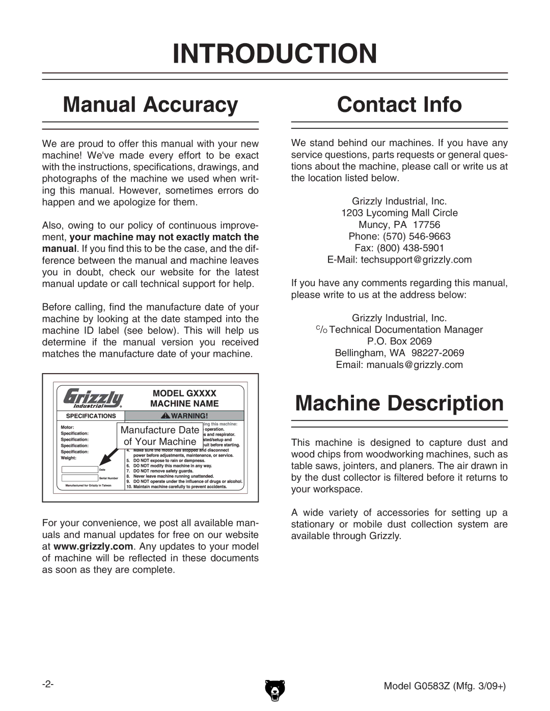 Grizzly G0583Z owner manual Introduction, Manual Accuracy, Contact Info, Machine Description 