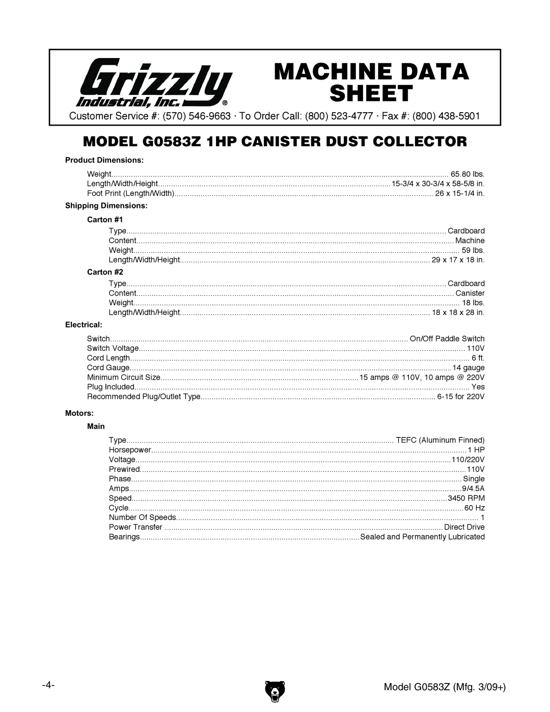 Grizzly G0583Z owner manual Machine Data Sheet 