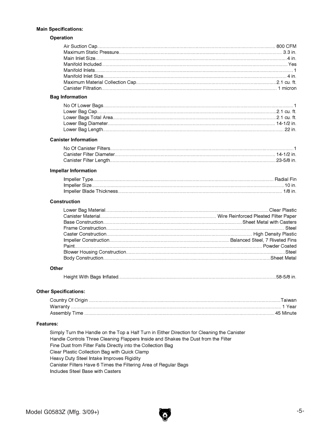 Grizzly G0583Z owner manual Canister Information 