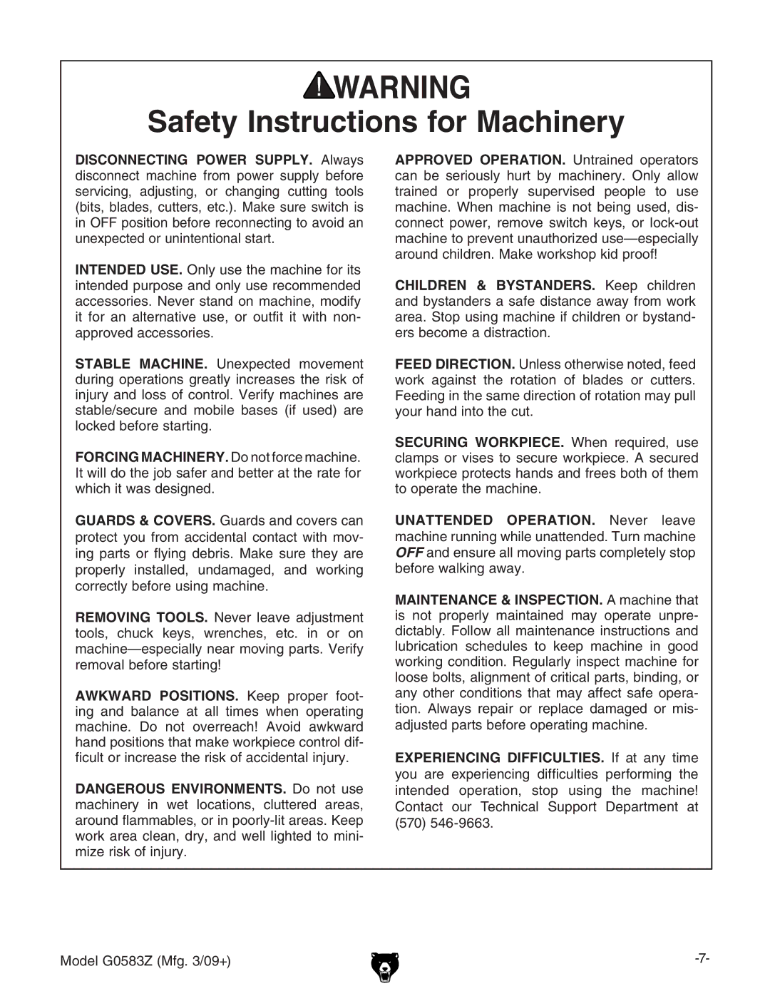 Grizzly G0583Z owner manual Safety Instructions for Machinery 