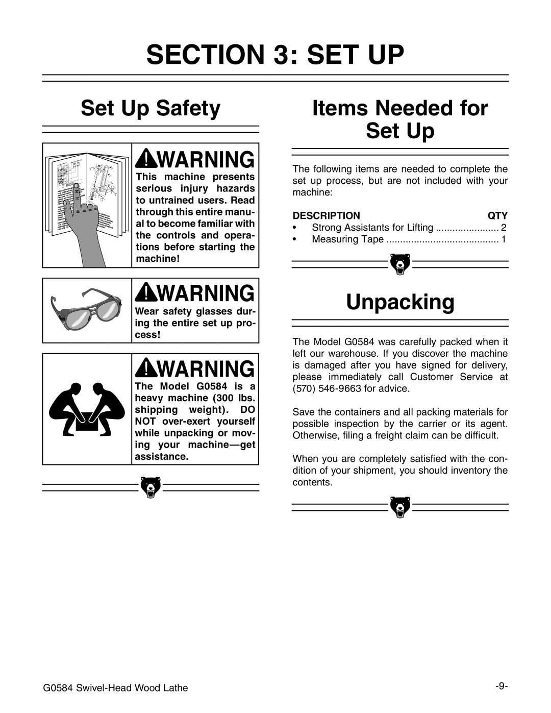 Grizzly G0584 manual #4/. 3%4, 3ETT5P 3AFETY, 5NPACKING, $%3#204 149 