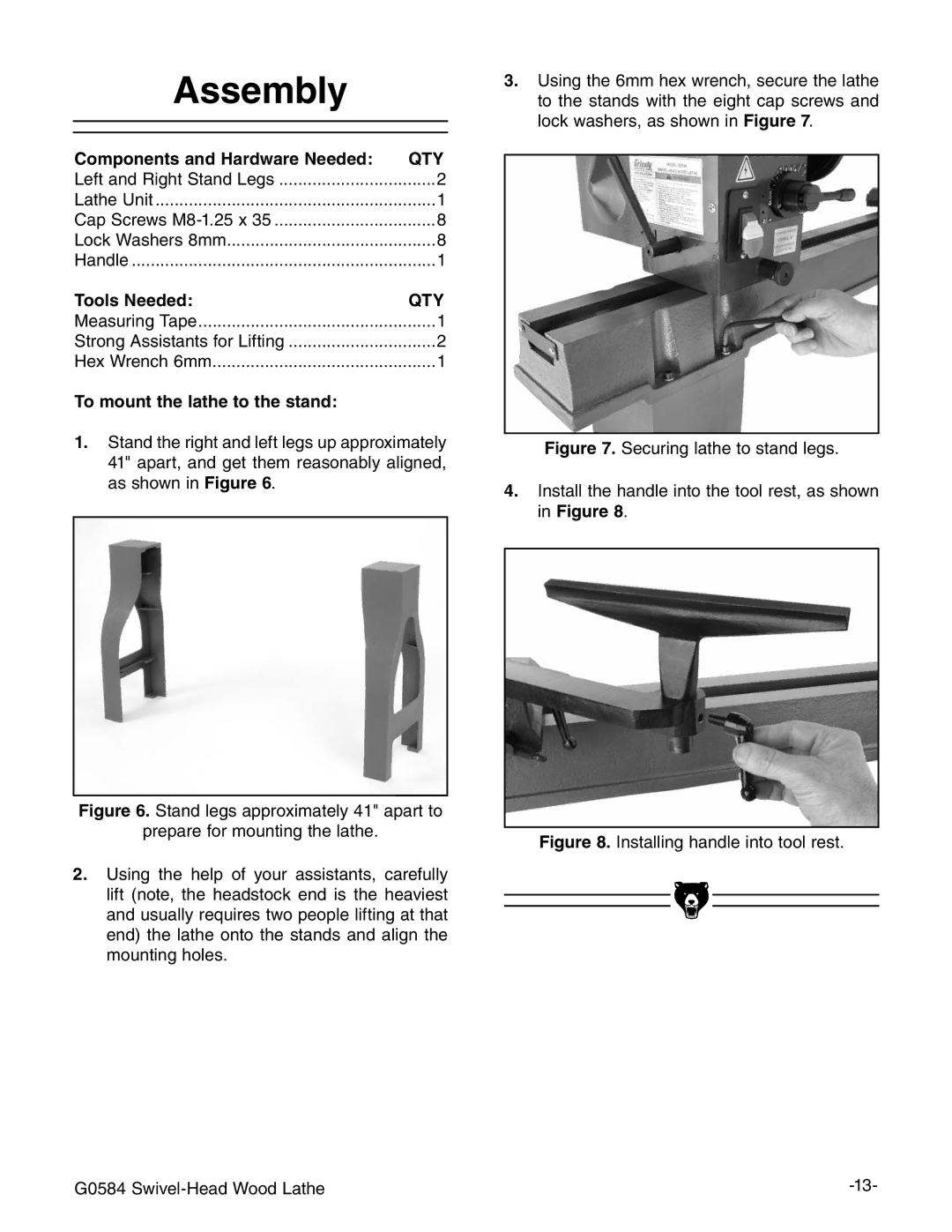 Grizzly G0584 manual Ssembly, 4O Mount Thehlathe TOOTHEHSTAND, Igure HZXjgc\aViZidhiVcYaZ\h# 