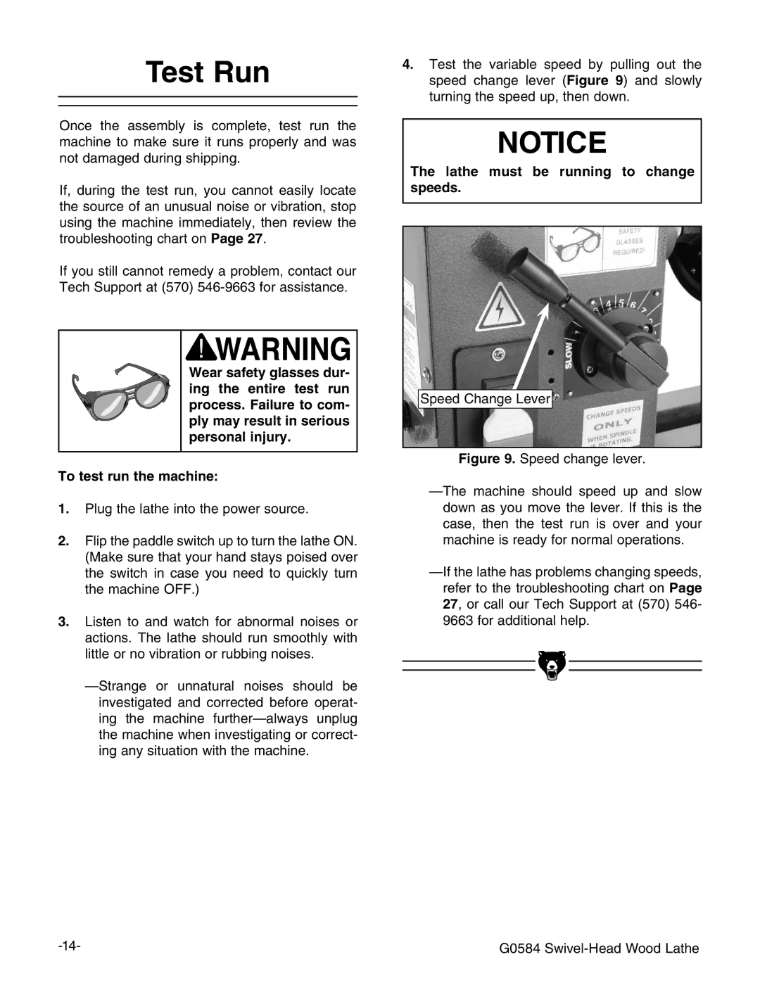 Grizzly G0584 manual 4EST 2UN, 4O Test RUNUTHEHMACHINE, 4HEH Lathet Must be Runningn to Change SPEEDSE 