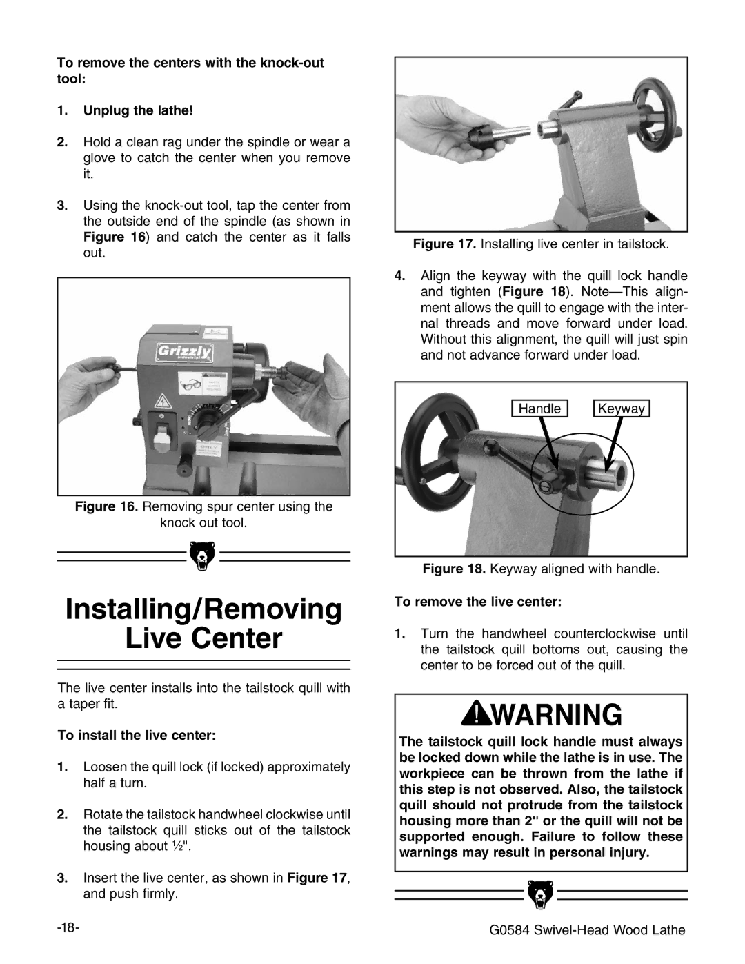 Grizzly G0584 manual Ive #Enter, Igure GZbdkc\hejgXZciZgjhc\iZ `cdX`djiidda#, 4O Installtthehlive CENTER 