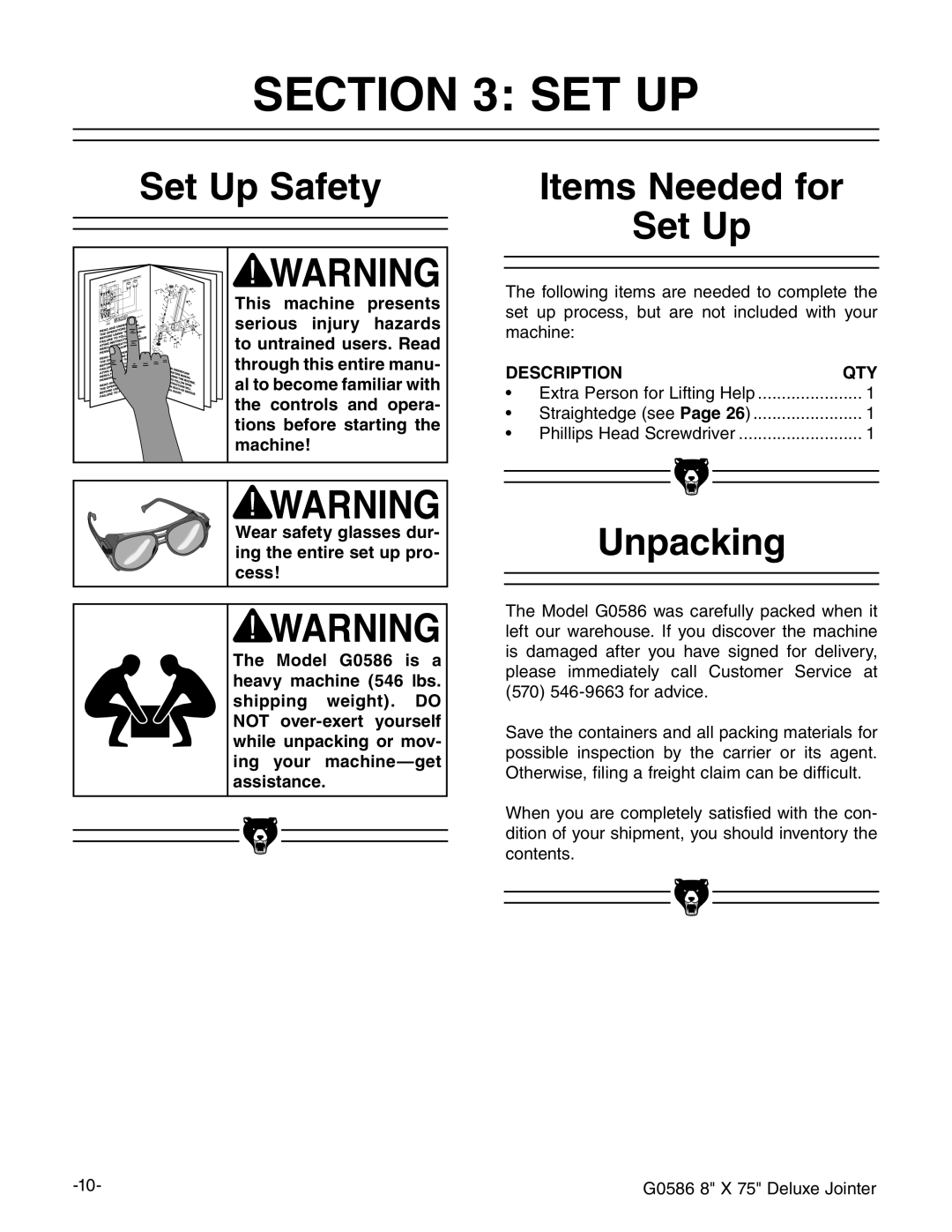 Grizzly G0586 manual #4/. 3%4, 3ETT5P 3AFETY, 5NPACKING, $%3#204 149 