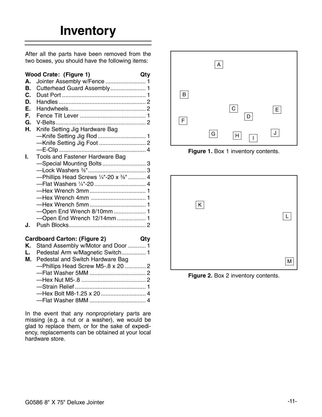 Grizzly G0586 manual Nventory, 7OOD #RATE &IGURE , @cZHZiic\?\=VgYlVgZ7V, #Ardboardb#Arton &Igure  