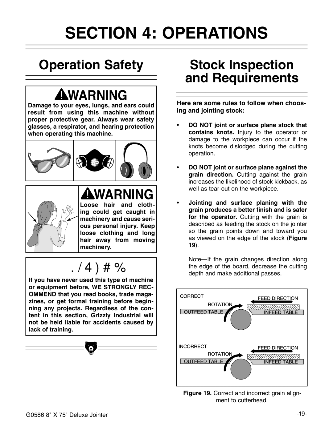 Grizzly G0586 manual #4/.  /0%2!4/.3, PERATIONT3AFETY, 3TOCKKNSPECTION ANDN2EQUIREMENTS 