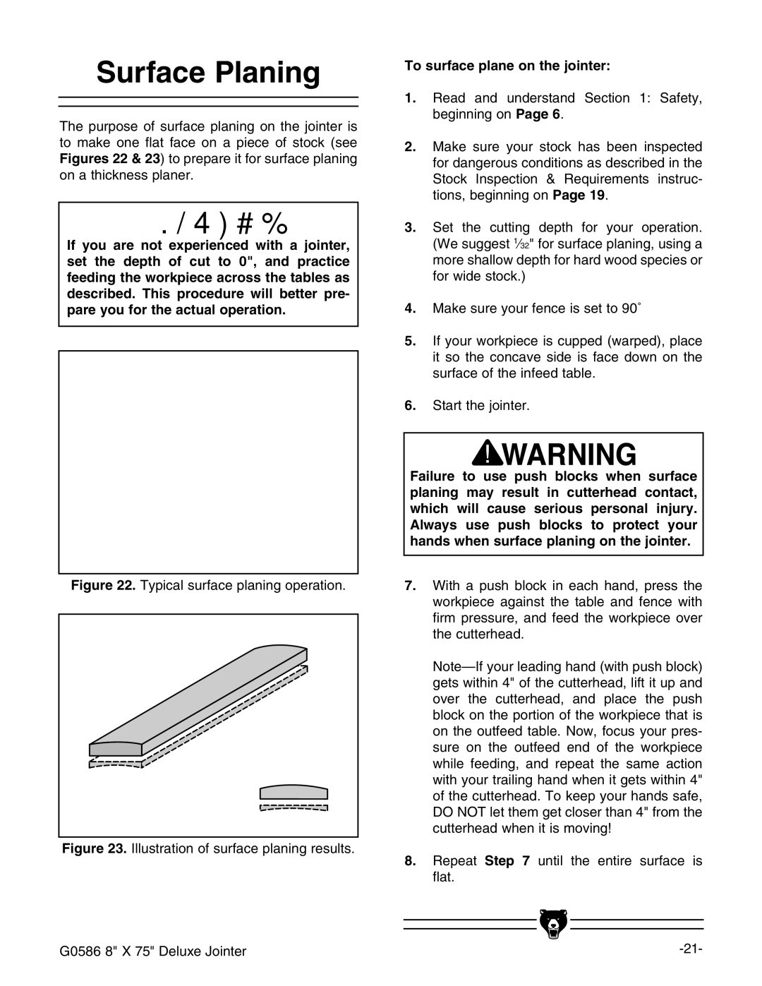 Grizzly G0586 manual 3URFACE 0LANING, 4O Surfacefplaneaon THEHJOINTER, +-M,*9ZajmZ?dciZg 