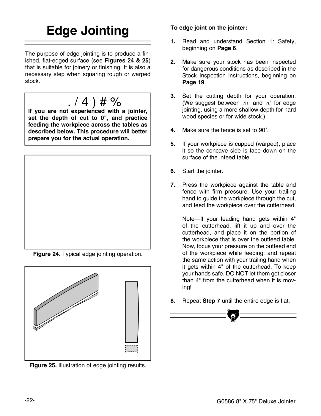 Grizzly G0586 manual Dge *Ointing, Igure IneXVaZY\Zdcic\deZgVidc#, 4O Edge Jointion THEHJOINTER 