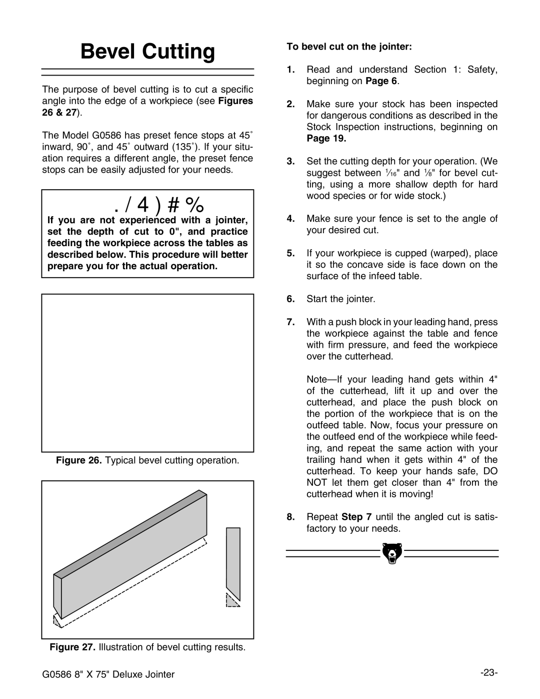 Grizzly G0586 manual Evel #UTTING, 4O Bevelvcutuon THEHJOINTER, 0AGE  