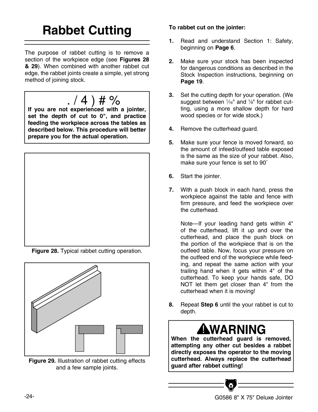 Grizzly G0586 manual 2ABBET #UTTING, 4O Rabbet Cutuon THEHJOINTER,  GZbdkZiZXjiiZgZVY\jVgY# 