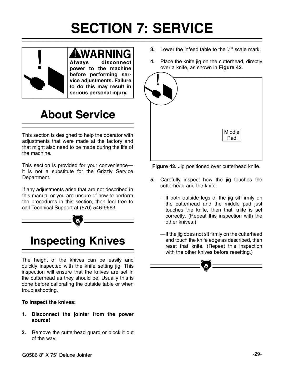 Grizzly G0586 manual #4/.  3%26#%, Bout 3ERVICE, Nspecting +NIVES, BYYaZ 