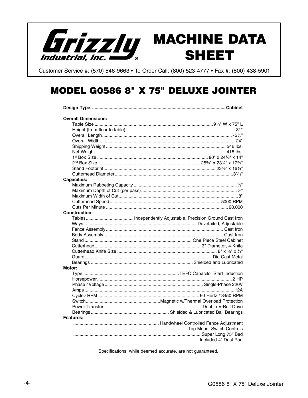 Grizzly G0586 manual #.%$!4!! 3%%4 