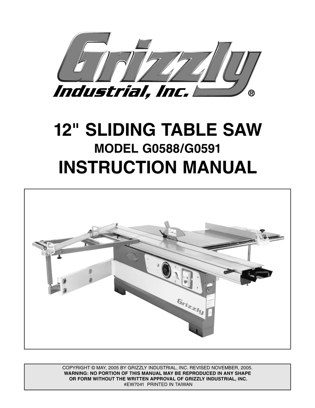 Grizzly instruction manual Sliding Table SAW, Model G0588/G0591 