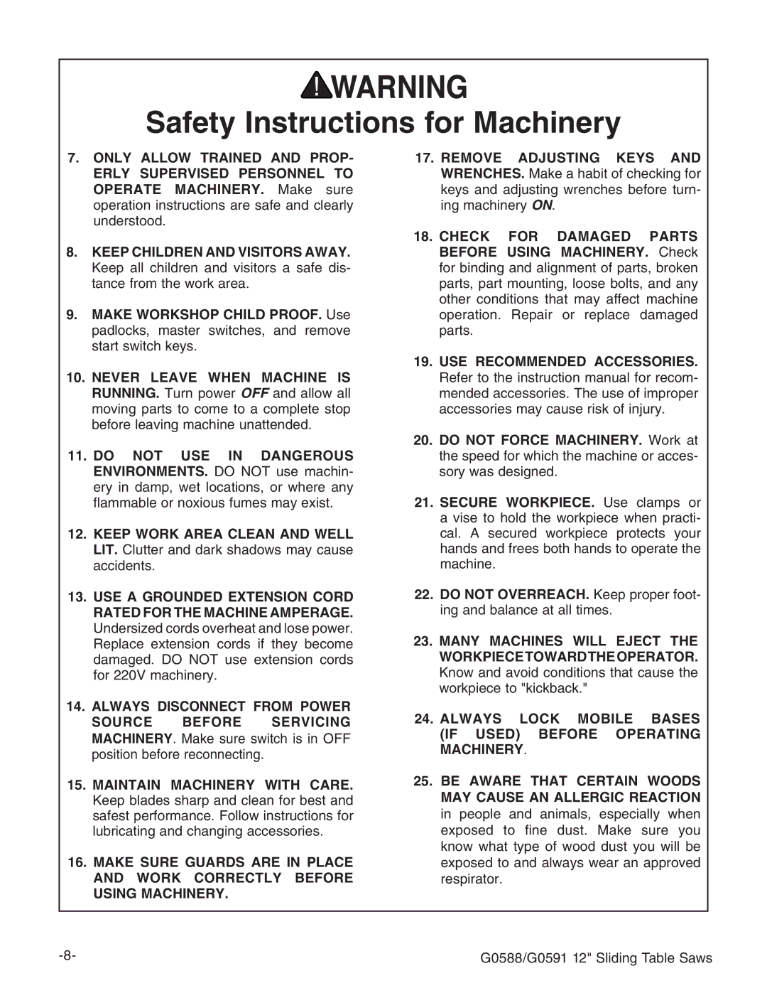 Grizzly G0588/G0591 instruction manual Always Lock Mobile Bases if Used Before Operating Machinery 