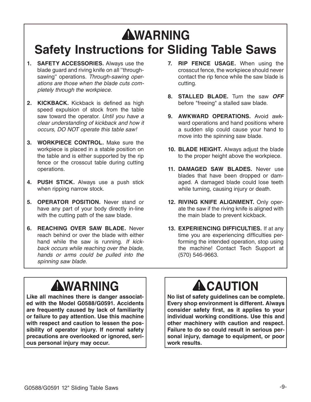 Grizzly G0588/G0591 instruction manual Safety Instructions for Sliding Table Saws 