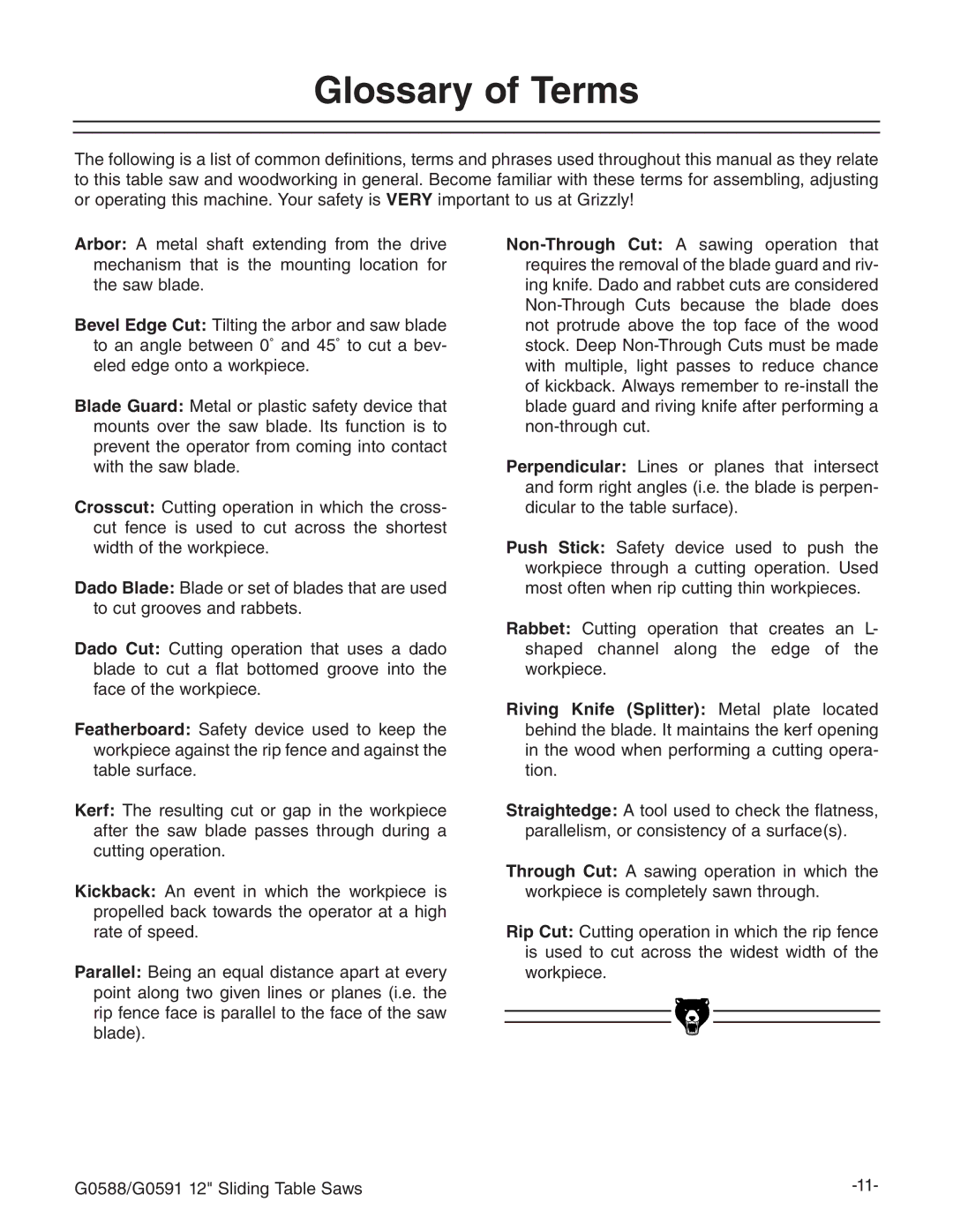 Grizzly G0588/G0591 instruction manual Glossary of Terms 