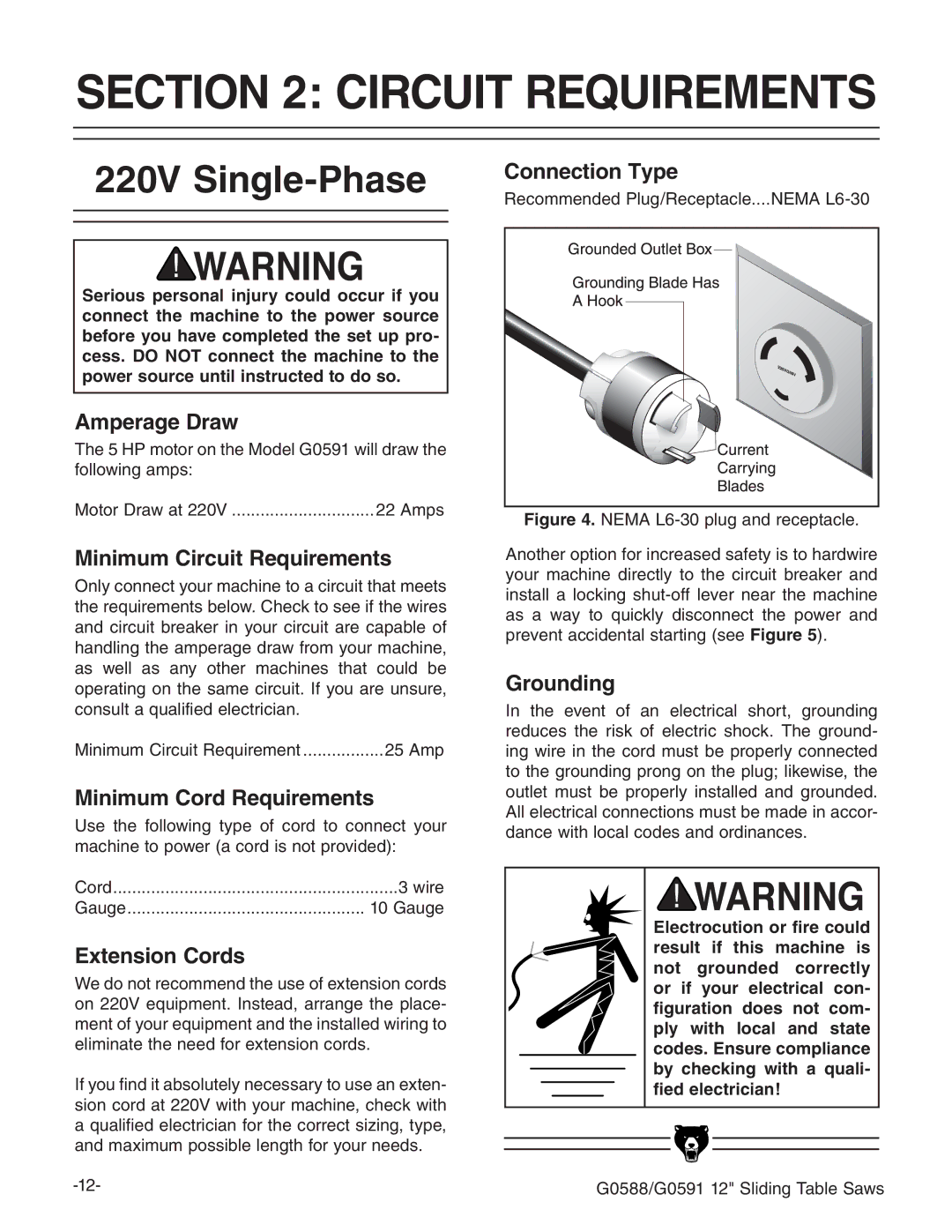 Grizzly G0588/G0591 instruction manual Circuit Requirements, 220V Single-Phase 