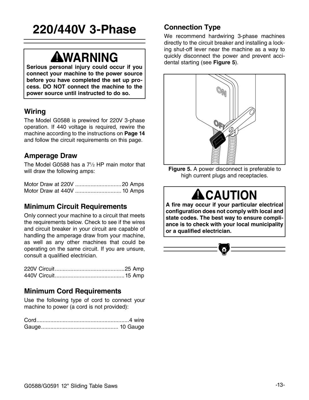 Grizzly G0588/G0591 instruction manual 220/440V 3-Phase, Wiring 