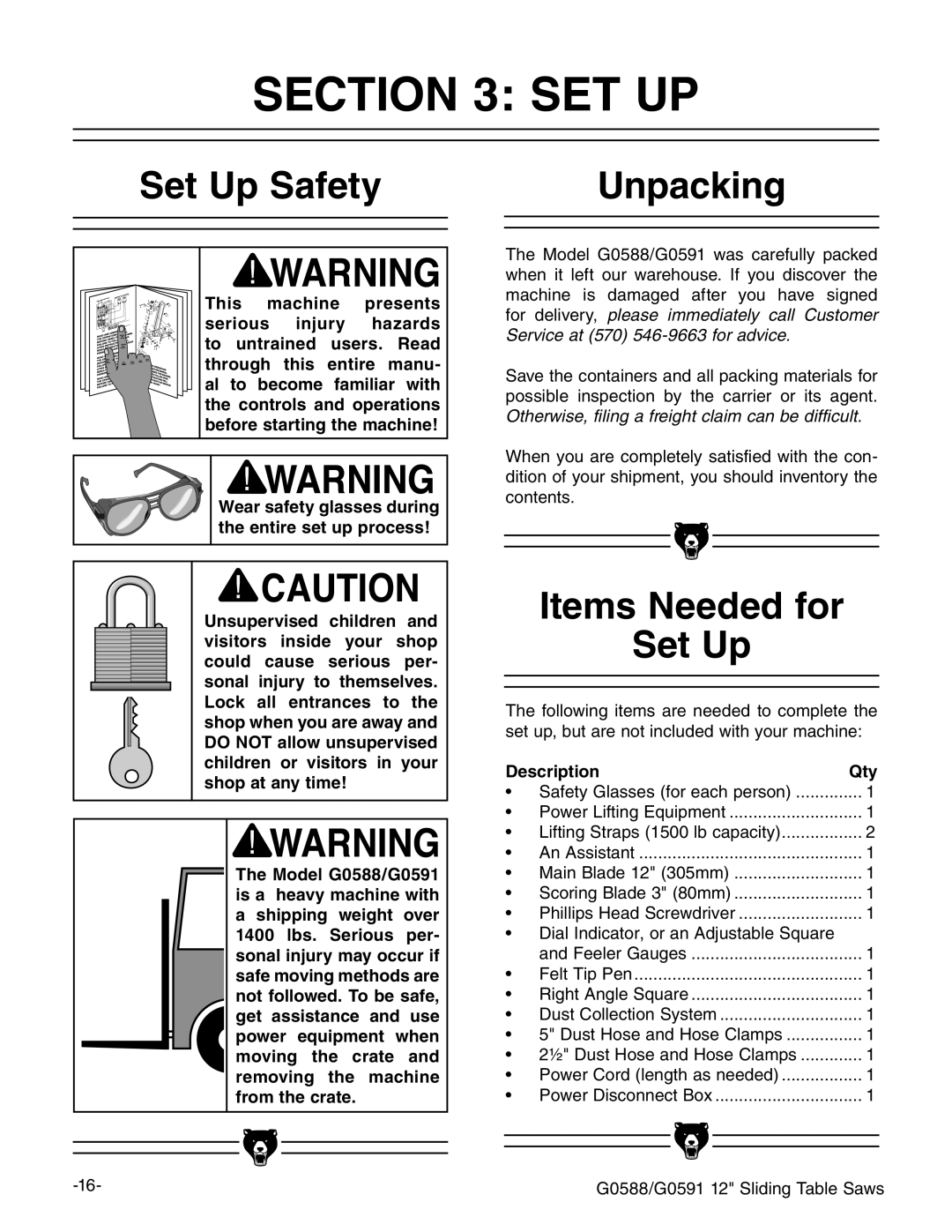 Grizzly G0588/G0591 instruction manual Set Up Safety Unpacking, Items Needed for Set Up, Description Qty 