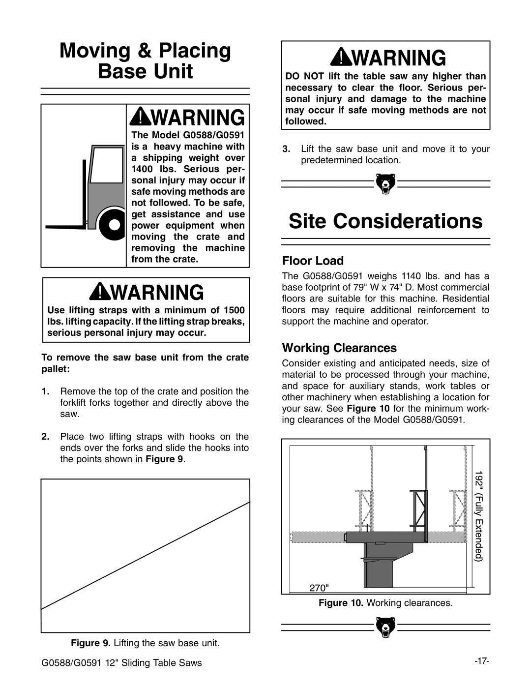 Grizzly G0588/G0591 instruction manual Moving & Placing Base Unit, Site Considerations 