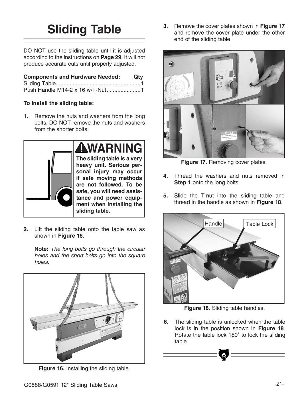 Grizzly G0588/G0591 instruction manual Sliding Table, Components and Hardware Needed Qty, To install the sliding table 