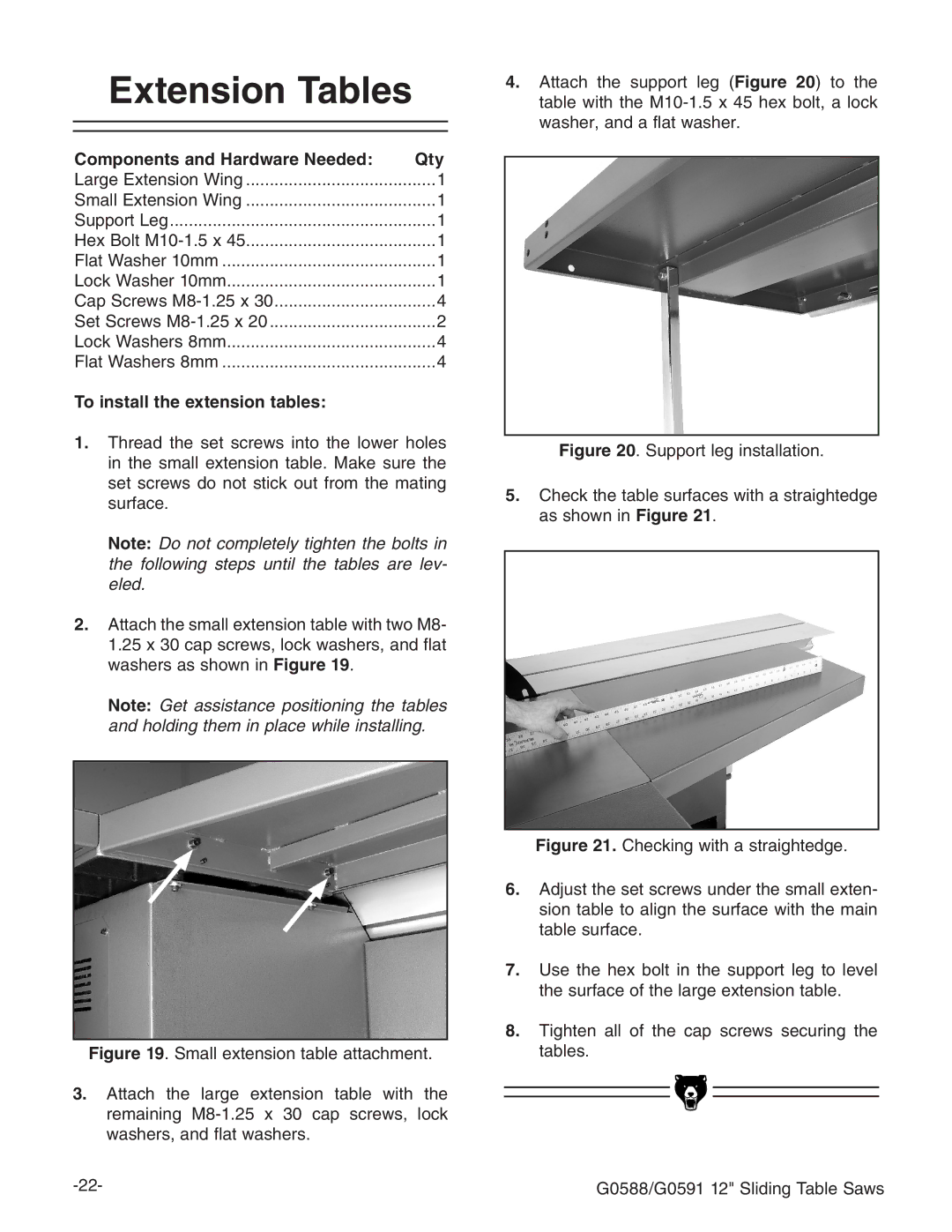 Grizzly G0588/G0591 instruction manual Extension Tables, To install the extension tables 