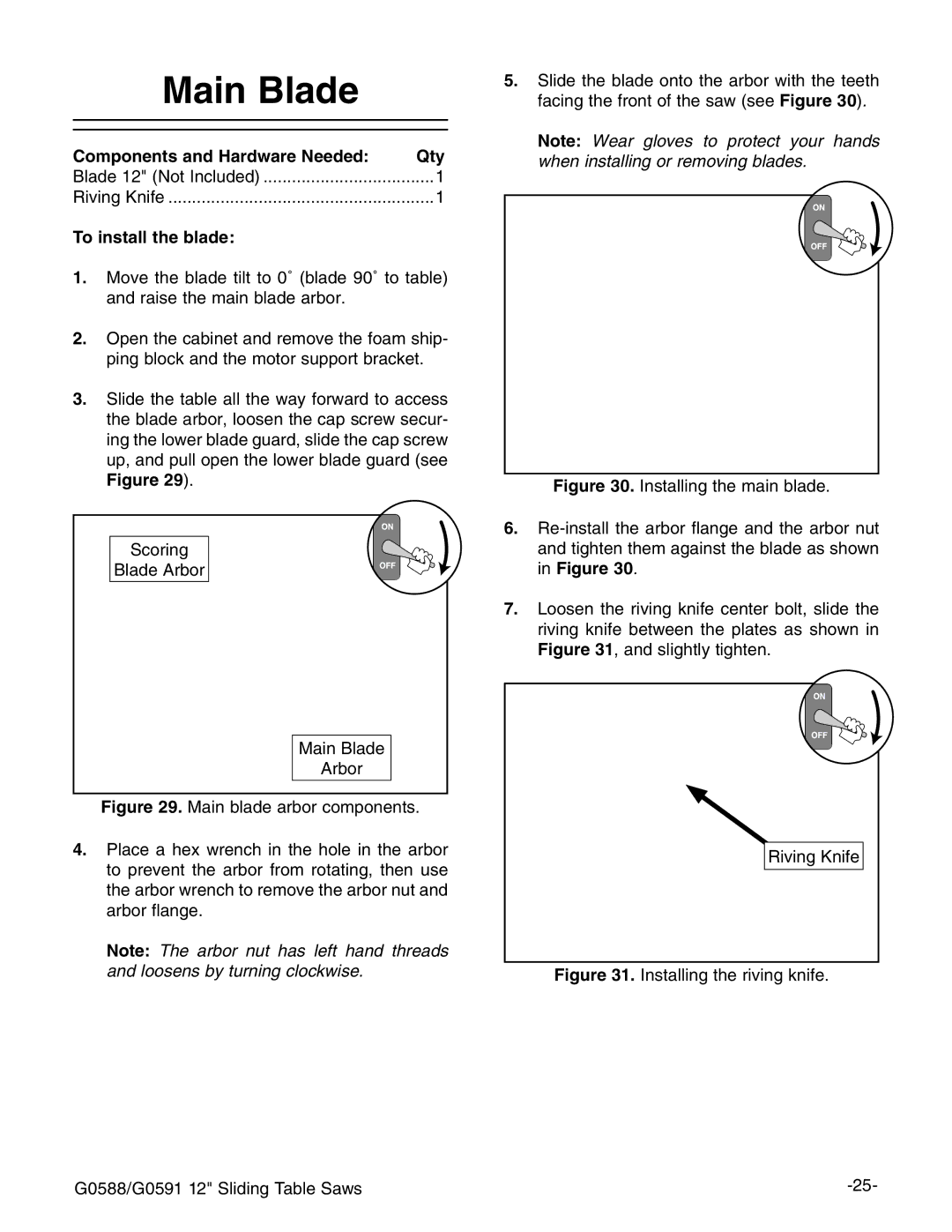 Grizzly G0588/G0591 instruction manual Main Blade, To install the blade 