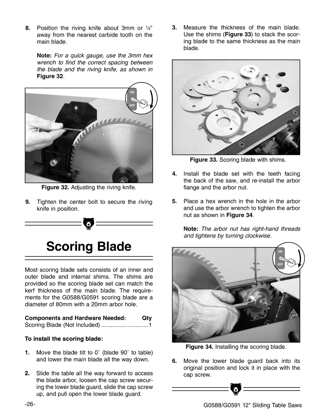 Grizzly G0588/G0591 instruction manual Scoring Blade, To install the scoring blade 