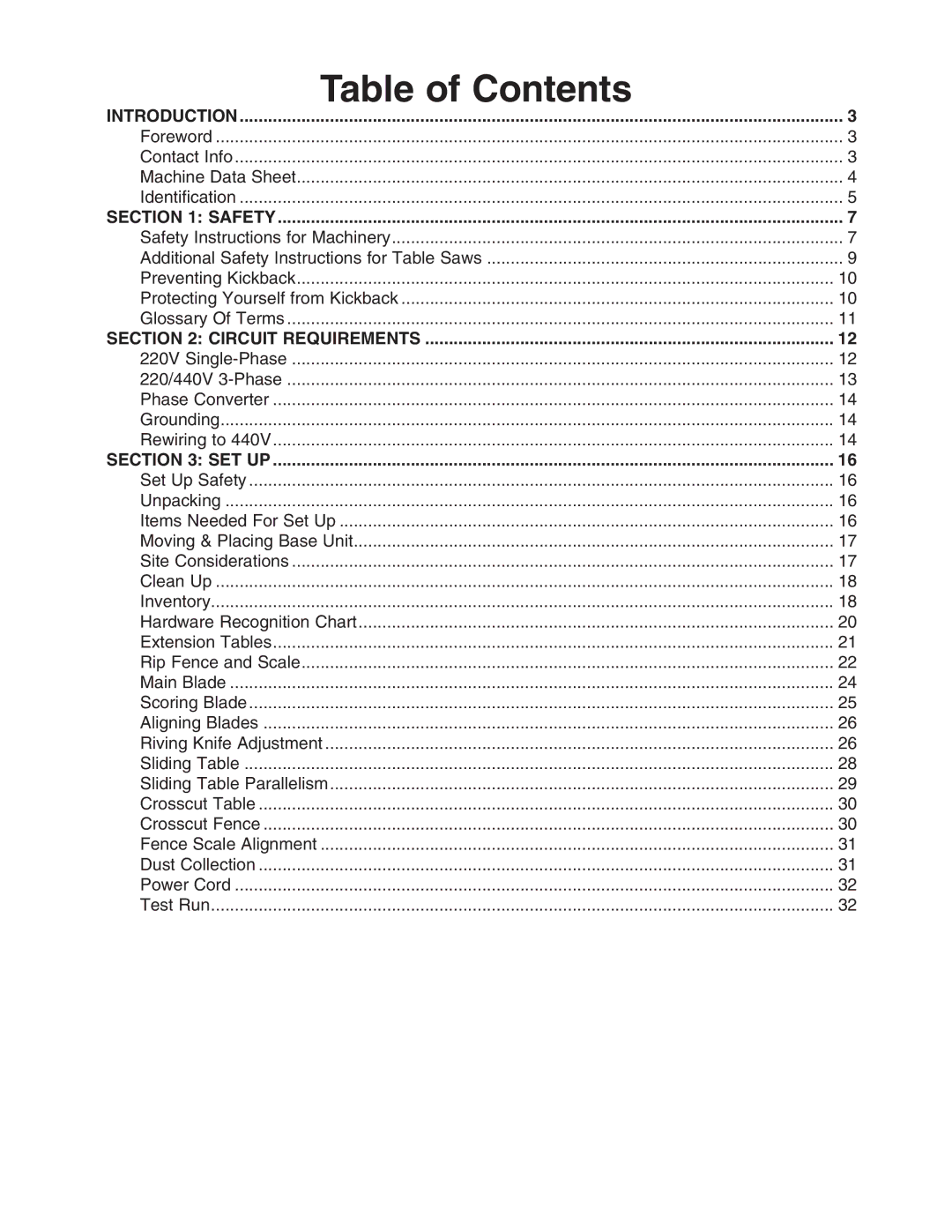 Grizzly G0588/G0591 instruction manual Table of Contents 