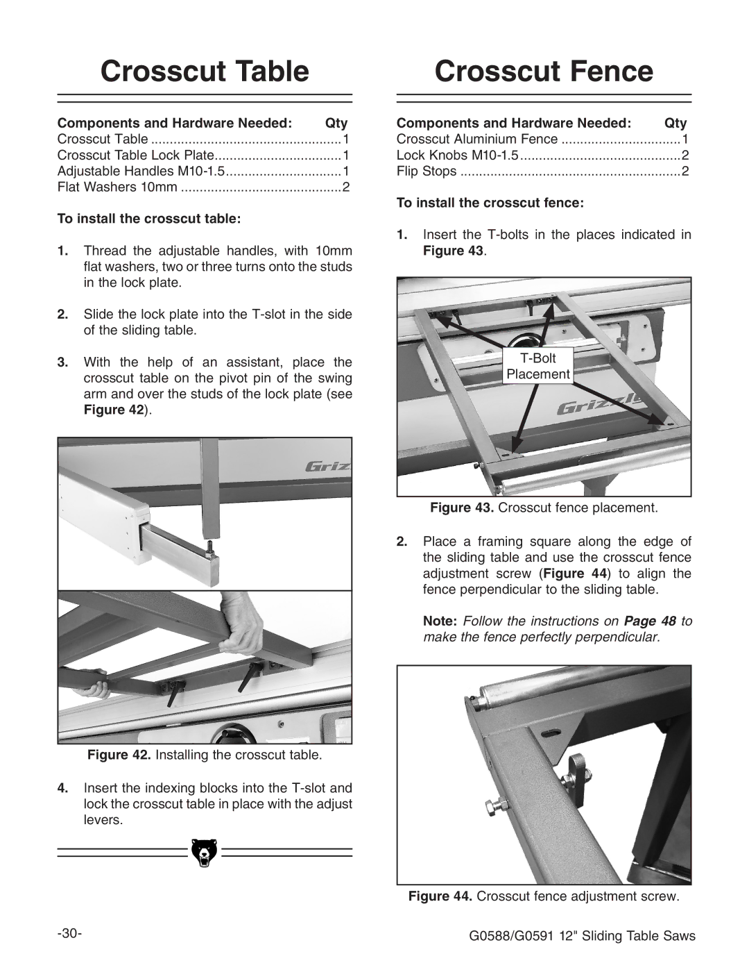 Grizzly G0588/G0591 Crosscut Table, Crosscut Fence, To install the crosscut table, To install the crosscut fence 