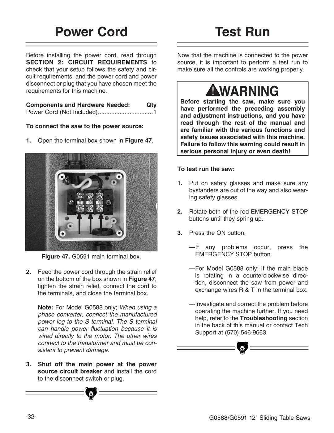 Grizzly G0588/G0591 instruction manual Power Cord, Test Run, To connect the saw to the power source 