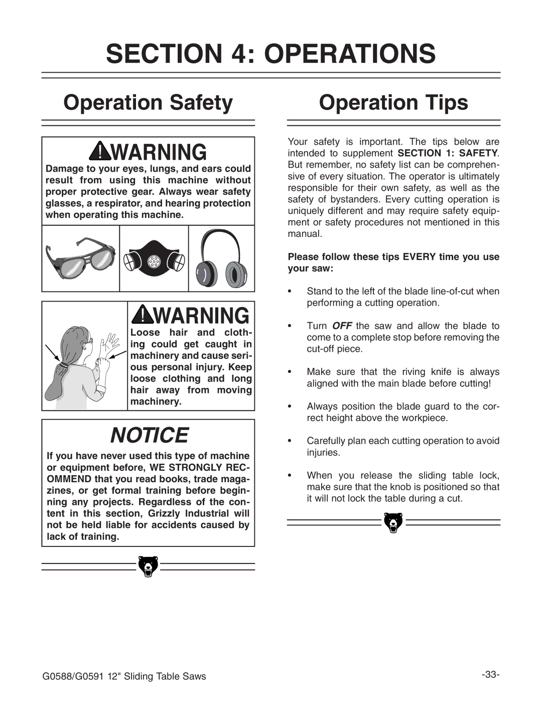 Grizzly G0588/G0591 Operations, Operation Safety Operation Tips, Please follow these tips Every time you use your saw 