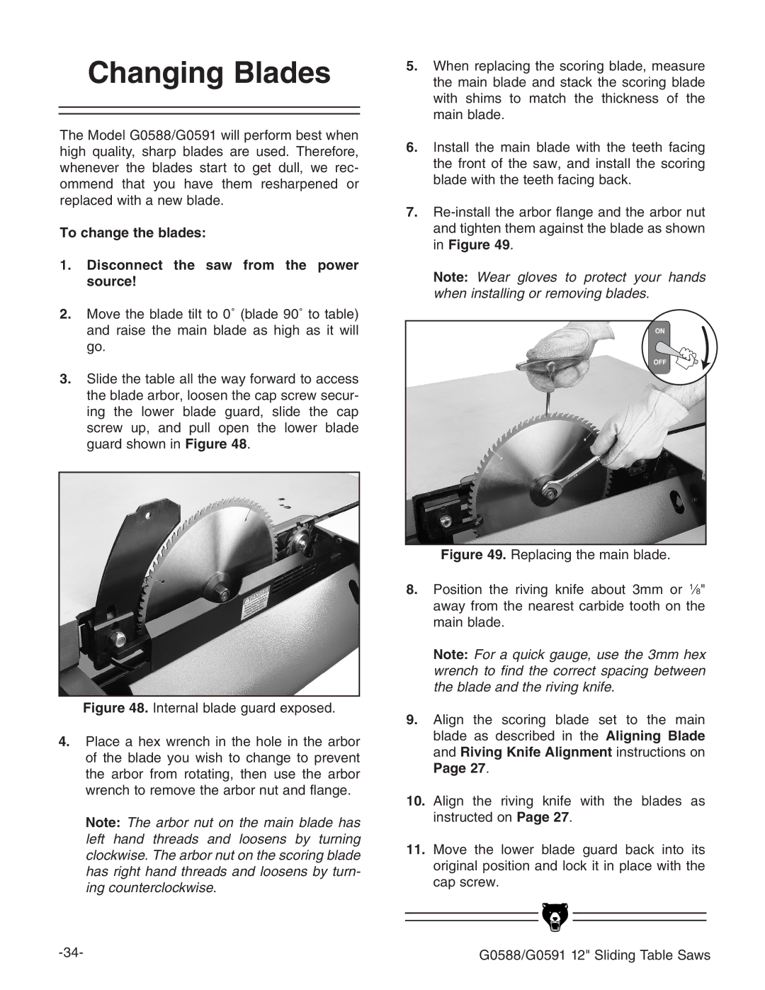 Grizzly G0588/G0591 instruction manual Changing Blades 