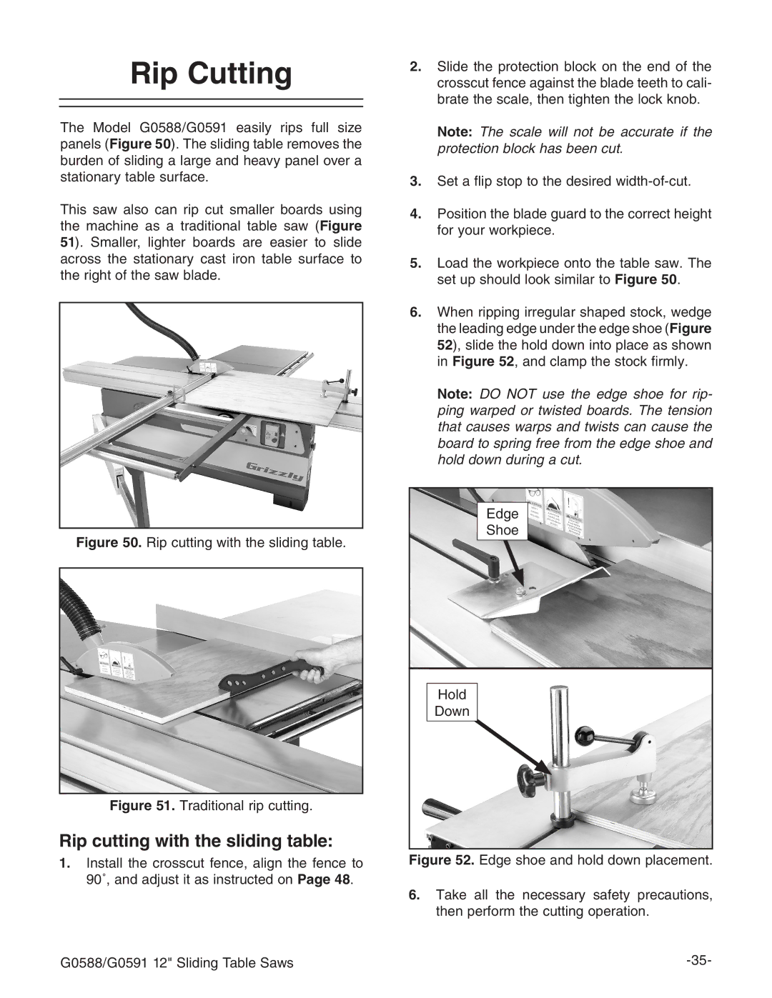 Grizzly G0588/G0591 instruction manual Rip Cutting, Rip cutting with the sliding table 