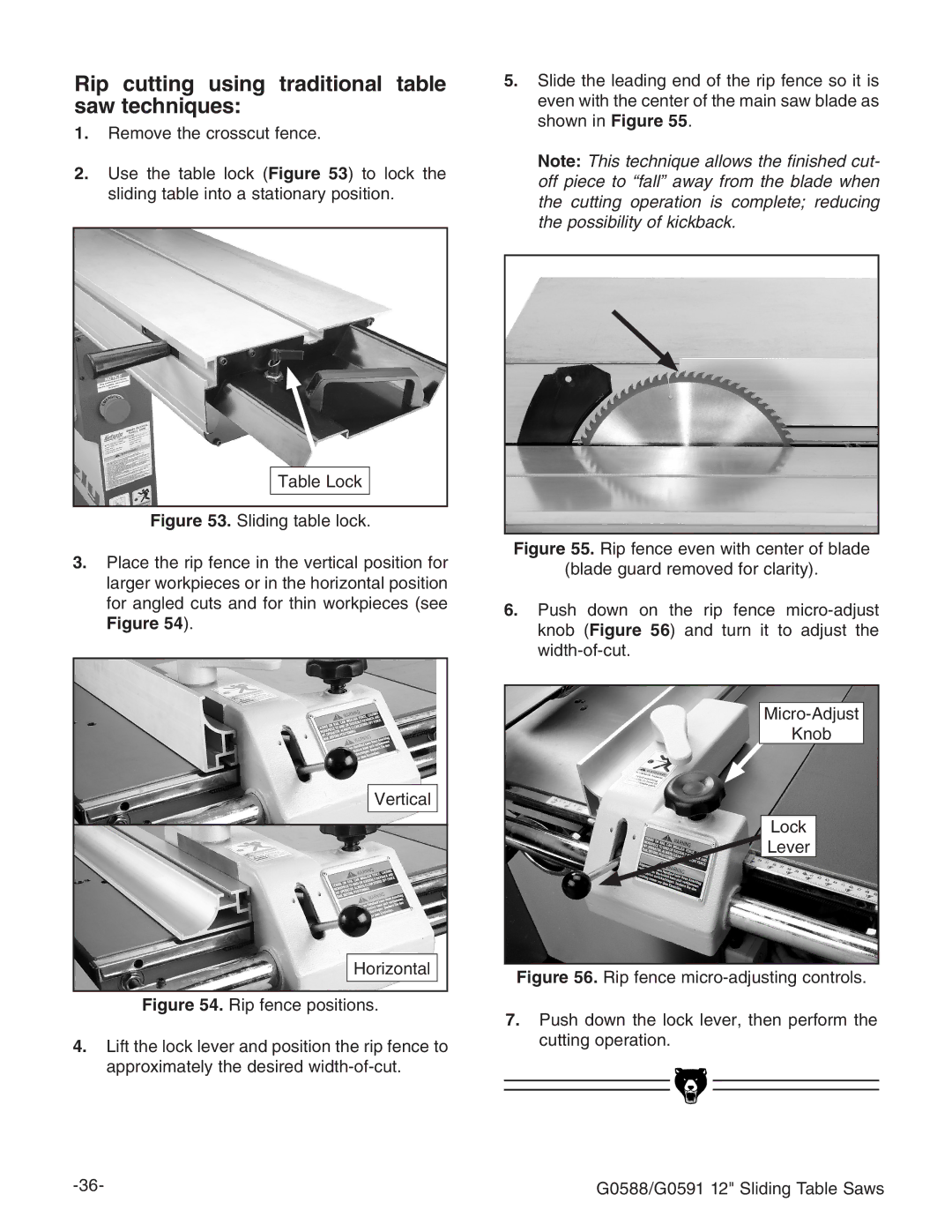 Grizzly G0588/G0591 instruction manual Rip cutting using traditional table saw techniques 