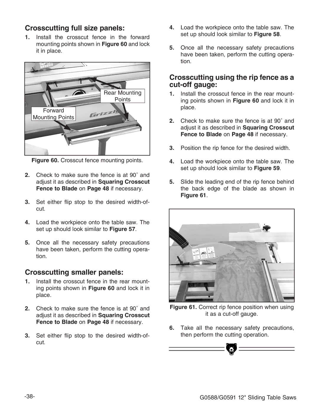 Grizzly G0588/G0591 instruction manual Crosscutting full size panels, Fence to Blade on Page 48 if necessary 