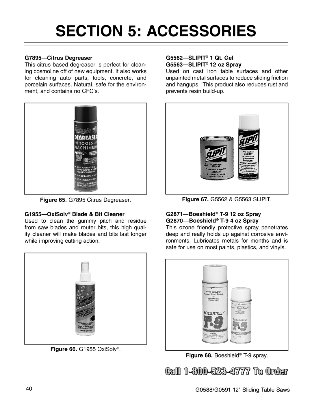 Grizzly G0588/G0591 instruction manual Accessories, G7895-Citrus Degreaser, G1955-OxiSolvBlade & Bit Cleaner 