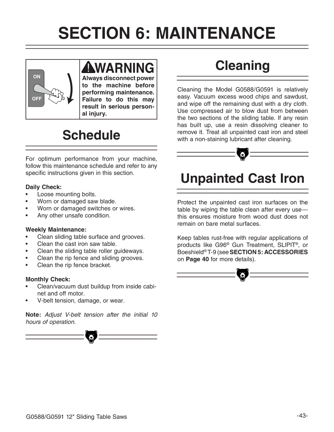 Grizzly G0588/G0591 instruction manual Maintenance, Schedule, Cleaning, Unpainted Cast Iron 