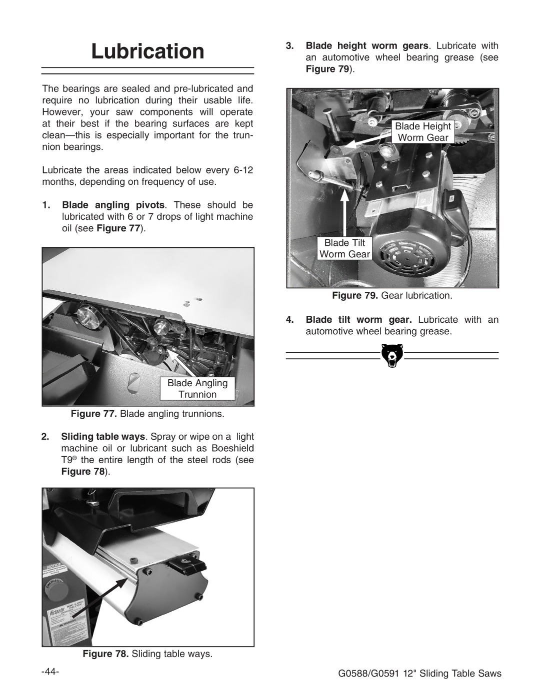 Grizzly G0588/G0591 instruction manual Lubrication, Sliding table ways 