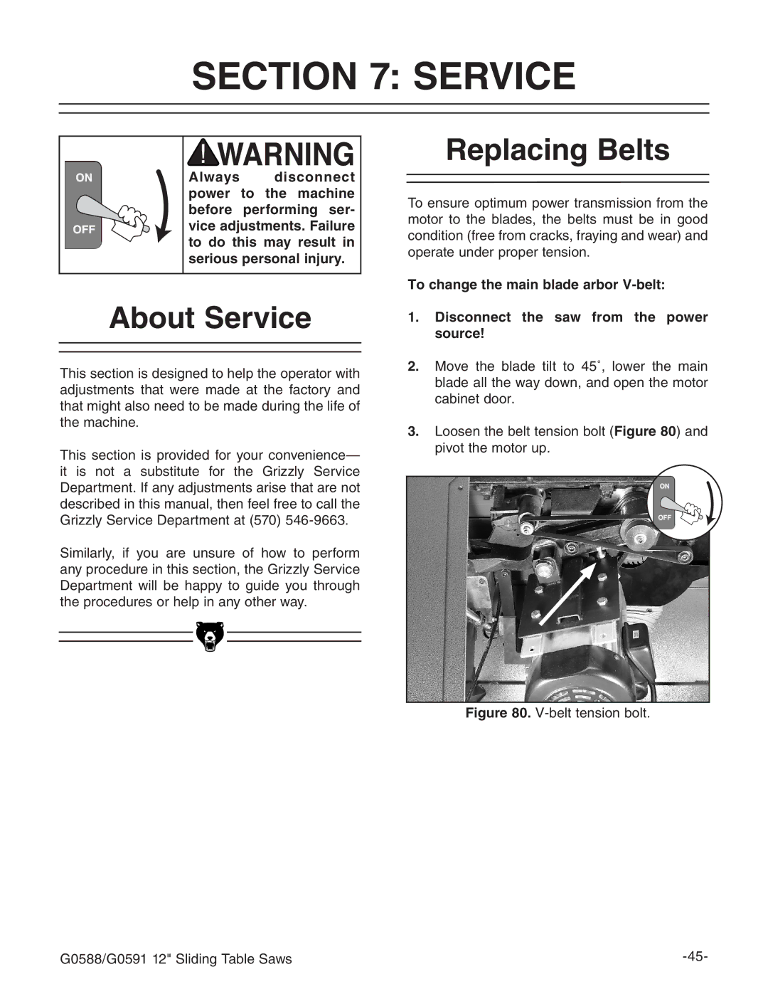 Grizzly G0588/G0591 instruction manual About Service, Replacing Belts 