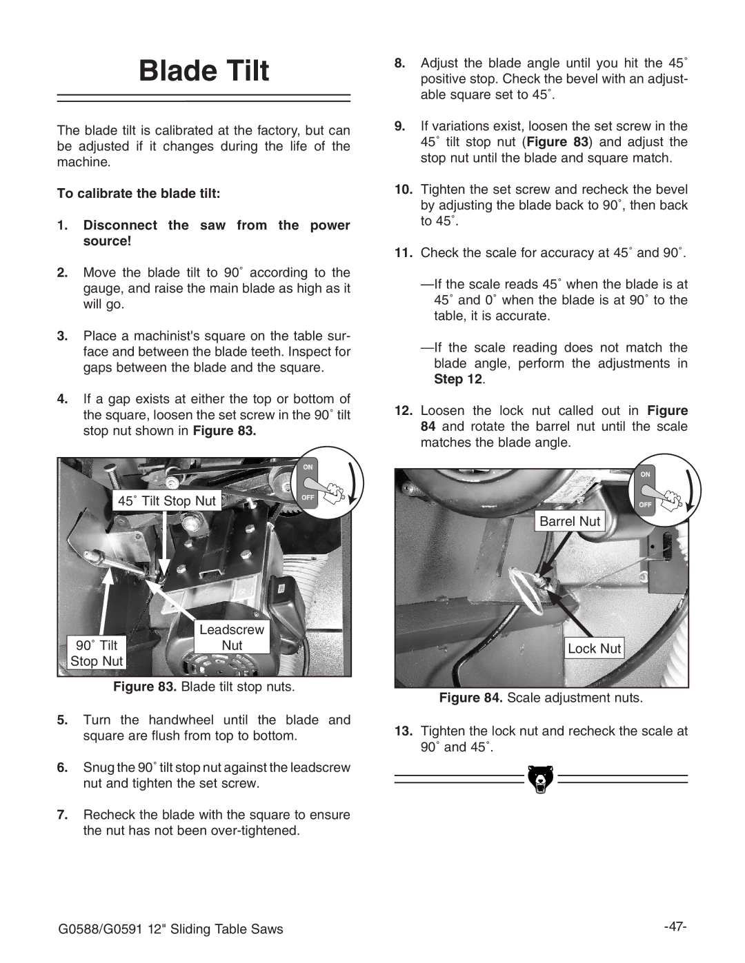 Grizzly G0588/G0591 instruction manual Blade Tilt 