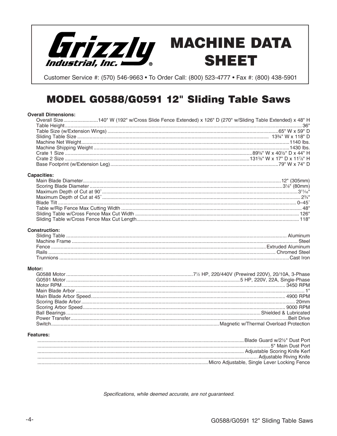 Grizzly G0591, G0588 owner manual Machine Data Sheet 